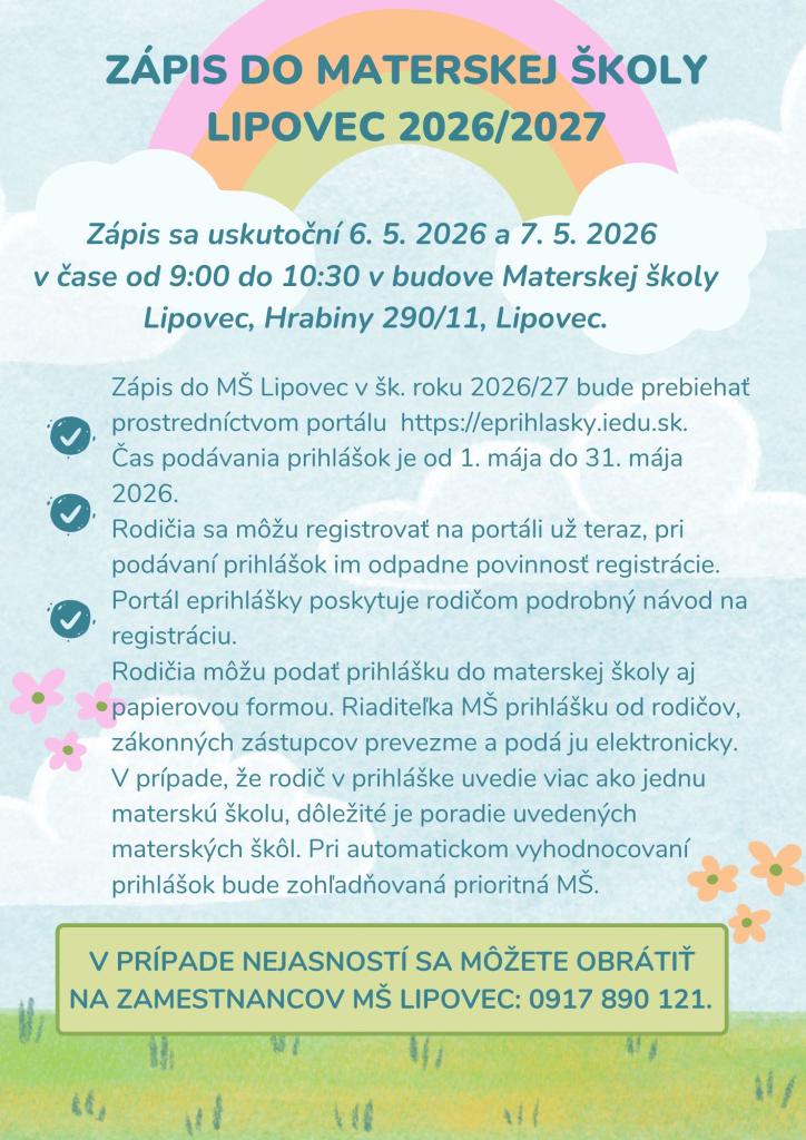 Zápis do&nbsp;materskej školy Lipovec